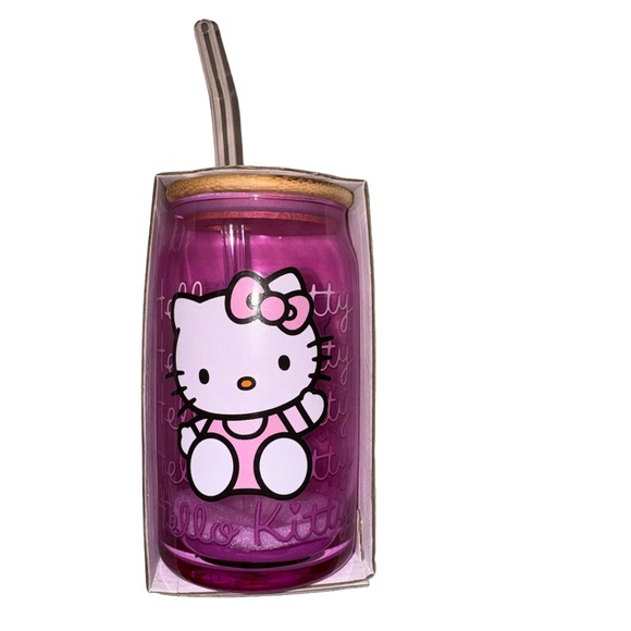 Hello Kitty Pink Glass Tumbler with Lid and Straw 16 oz - Picture 1 of 3